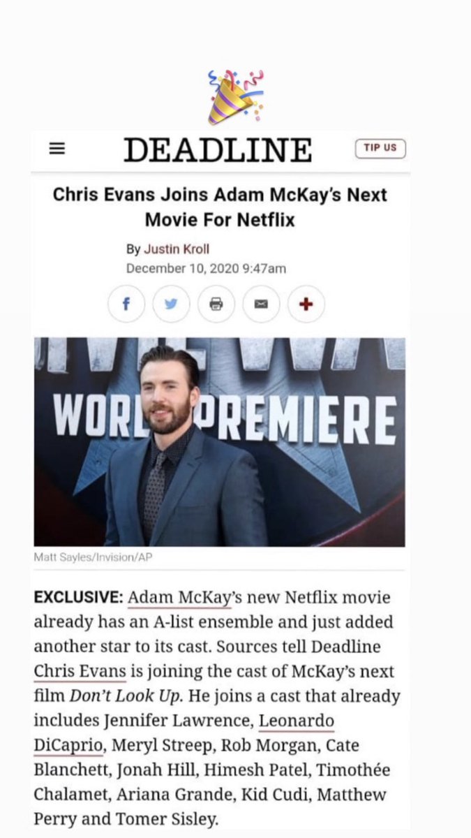 • (10.12) Chris Evans era confirmado no filme da Netflix, 'Don't Look Up'.