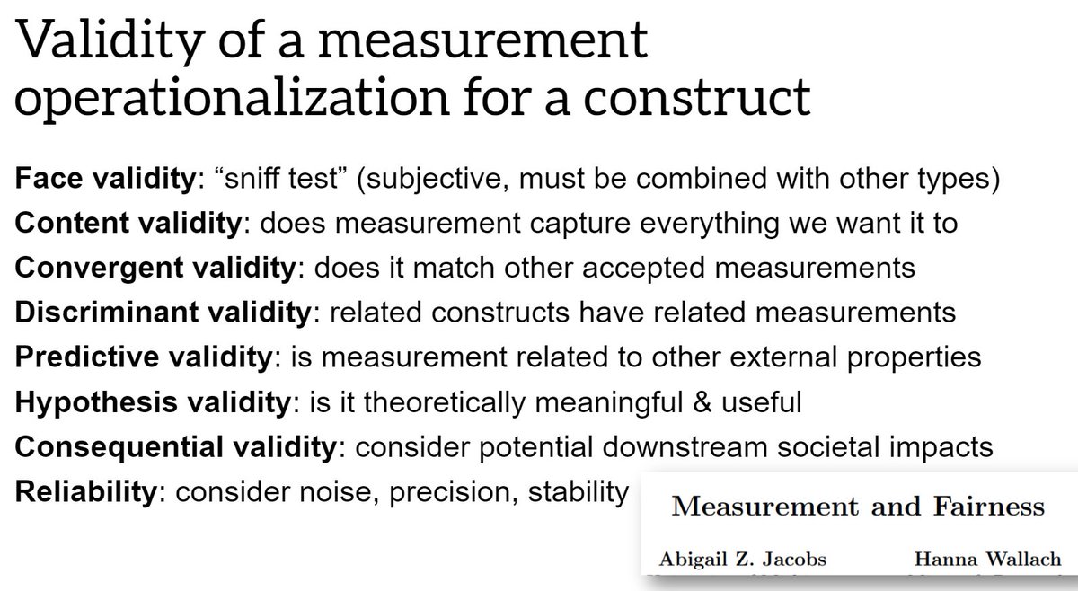 Some types of Validitycontent: does measurement capture everything we wantconvergent: match other measurementspredictive: related to other external propertieshypothesis: theoretically usefulconsequential: downstream societal impactsreliability: noise, precision, stability