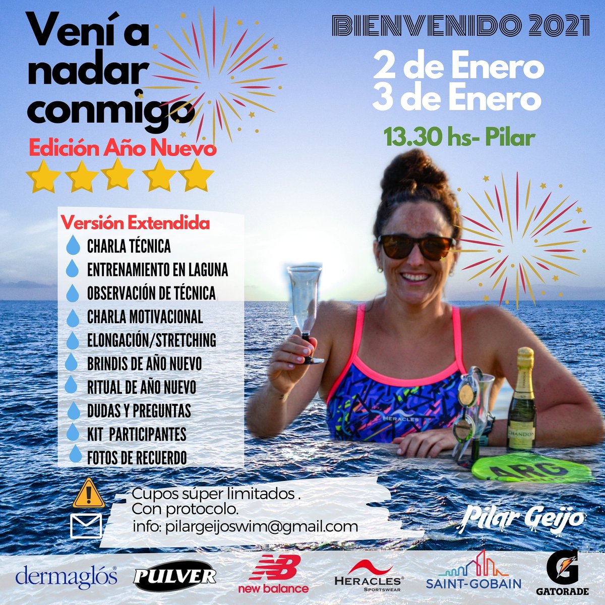 Se viene "Vení a nadar Conmigo" Edición Año Nuevo!!!
....Cómo se imaginaban que iba a empezar el año sino? Jaja 🥂🏊‍♀️
Los espero el 2 y 3 de Enero para festejar juntos el inicio del 2021!! 
Buenas energías acuáticas!!
Info: pilargeijoswim@gmail.com