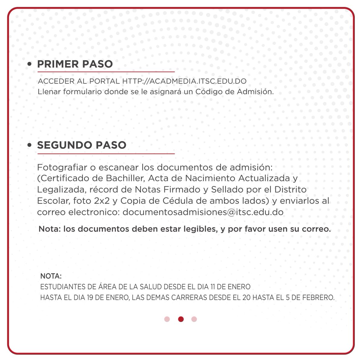 ITSCoficial's tweet photo. ¡Haz la carrera de tus sueños en el 2021!

Desliza para ver los pasos de solicitud de admisión en línea y los requisitos.

Para recibir asistencia llama al 809-475-4872 ext 2200

#somositsc
#eduperior
#cambiamoscontigo https://t.co/xmnRpg8mWD