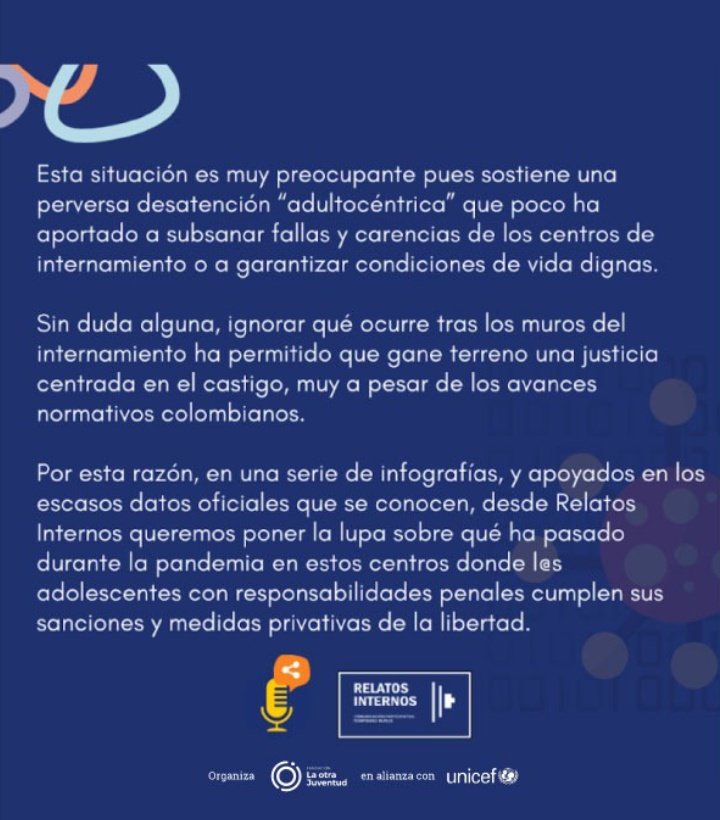 lavoxradio's tweet photo. Esta infografía es realizada por @relatosinterno1, donde nos relatan la situación que viven adolescentes de todo el país en los centros de atención especializada (CAE) y en los centros de internamiento preventivo
#SomosEnlace
#RedDeIdeas
Apoyan @LaOtraJuventud y @UNICEFColombia https://t.co/s0R4YI7Lh3