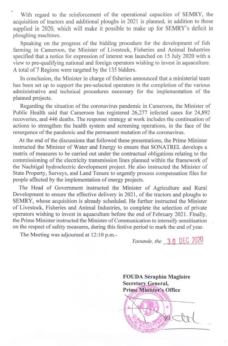 The Press Released following the Cabinet Meeting of today, Wenesday December 30, 2020.