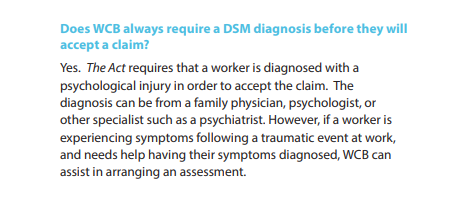 Before this Friday's change, in order for an  #Alberta worker to qualify for presumptive coverage they needed to have a traumatic workplace event and a diagnosis.WCB Worker Fact sheet on psychological injuries: https://www.wcb.ab.ca/assets/pdfs/workers/WFS_Psychological_injuries.pdf/3