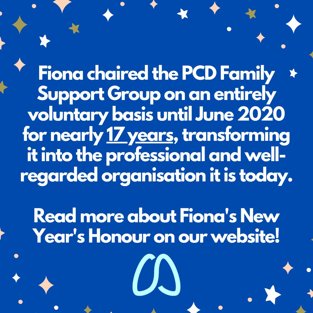 Congratulations go to our very own <a href="/pcdmum/">Fiona Copeland BEM</a> in being awarded a British Empire Medal for her tireless work for the PCD Family Support Group in the Queen’s New Year’s Honours list!🥳

More info: pcdsupport.org.uk/new-years-hono…

#PCD <a href="/lunguk/">British Lung Foundation</a> <a href="/EuropeanLung/">European Lung Foundation</a> #PrimaryCiliaryDyskinesia #champion