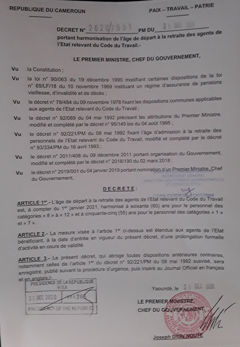 Services PM Cameroon (@pm237services) on Twitter photo Le Premier Ministre, Chef du Gouvernement <a href="/CameroonPm237/">Cameroon PM Cameroun</a> S.E. DION NGUTE a signé, ce jour, un décret portant harmonisation de l'âge de départ à la retraite du personnel relevant du code du travail.
#DionNgute
#Cameroun Le Premier Ministre, Chef du Gouvernement <a href="/CameroonPm237/">Cameroon PM Cameroun</a> S.E. DION NGUTE a signé, ce jour, un décret portant harmonisation de l'âge de départ à la retraite du personnel relevant du code du travail.
#DionNgute
#Cameroun