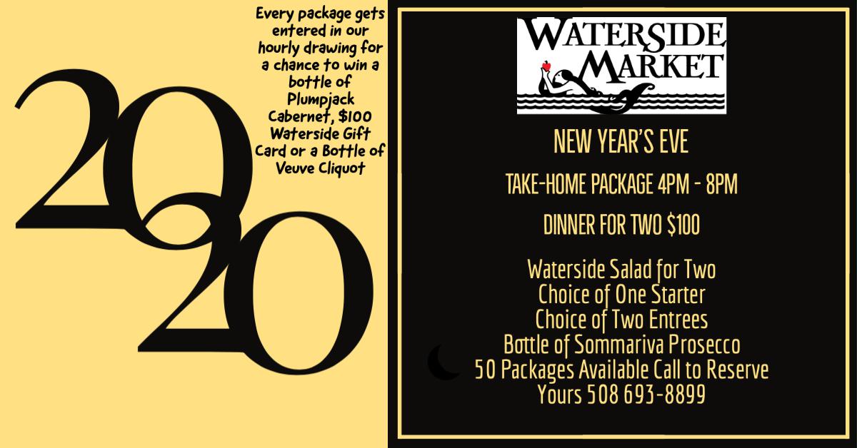 50 NYE Take-Home Packages available, please call 508 693-8899 to reserve
We are also serving our regular menu 4pm - 8pm.  Every Package is entered in our hourly drawing for a chance to win a bottle of Plumpjack, $100 GC or a Bottle of Veuve Cliquot.  Winners Posted on Facebook