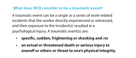 Before this Friday's change, in order for an  #Alberta worker to qualify for presumptive coverage they needed to have a traumatic workplace event and a diagnosis.WCB Worker Fact sheet on psychological injuries: https://www.wcb.ab.ca/assets/pdfs/workers/WFS_Psychological_injuries.pdf/3