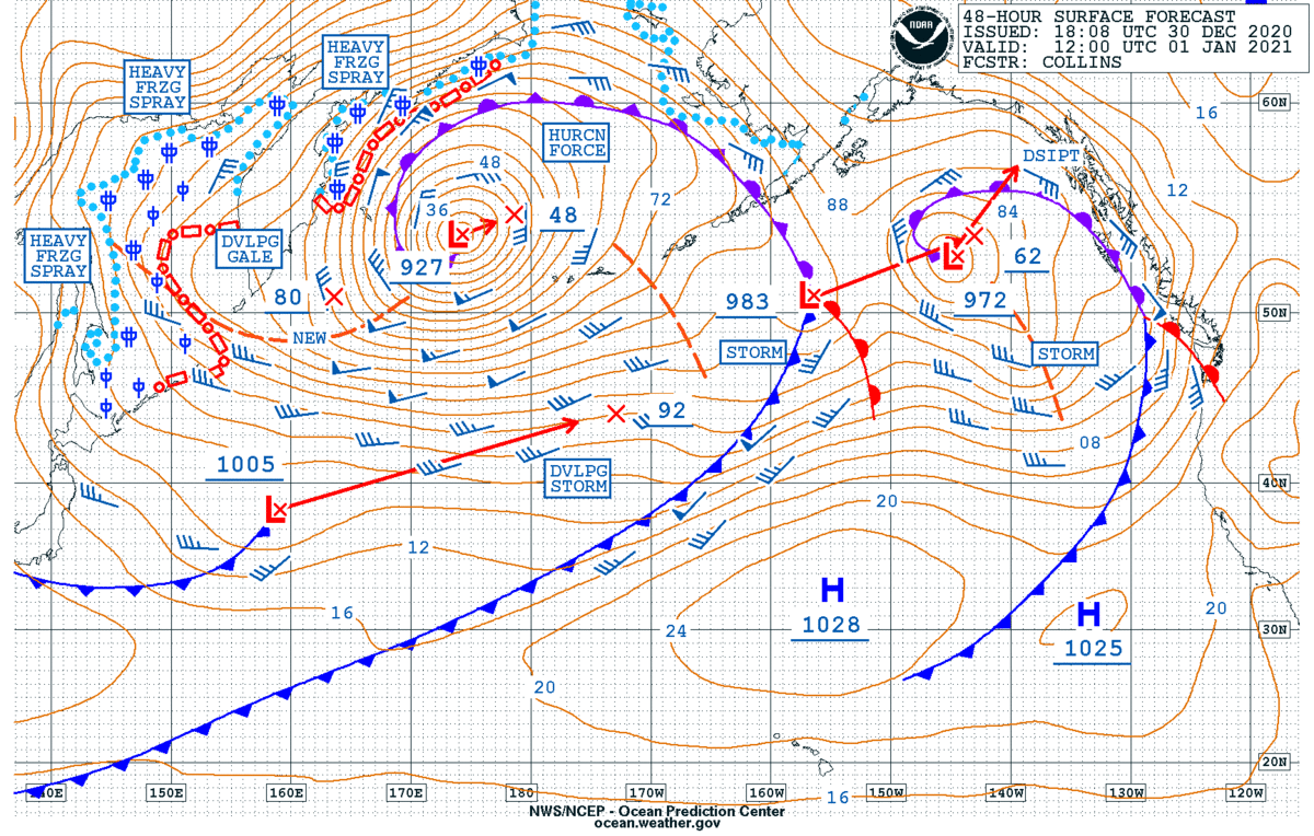 The Ocean Prediction Center has it dropping to sub 930mb with the low reaching 927mb on New Years' day. This will be approaching an all-time record low for this area so it'll bear watching if it reaches sub 924mb which is the record.