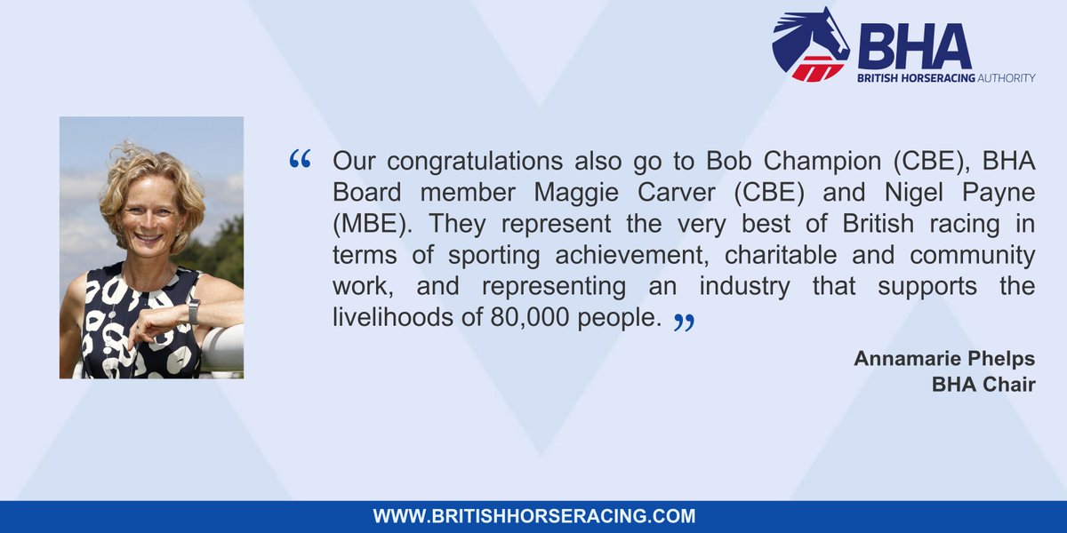 BHAHorseracing's tweet photo. Other racing figures honoured in the list include Bob Champion, Nigel Payne and BHA Board member Maggie Carver. @PhelpsAnnamarie paid tribute to their contributions to the sport. https://t.co/pG2fYuwsf2