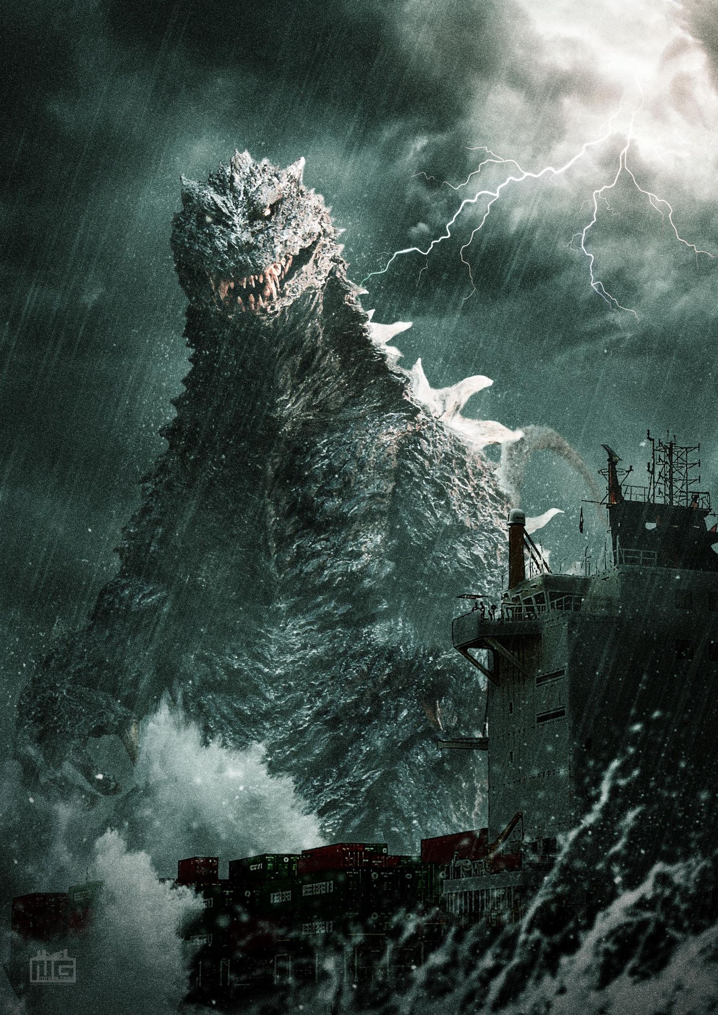 山脇隆 Yamawaki Takashi T S Facto Godzilla Millennium Design Version 合成演出 伊藤さんバージョンも頂きました 嵐の中のゴジラ 洋上の貨物船 絶望的なシチュエーションです T Co Qgk6pho6cm Twitter
