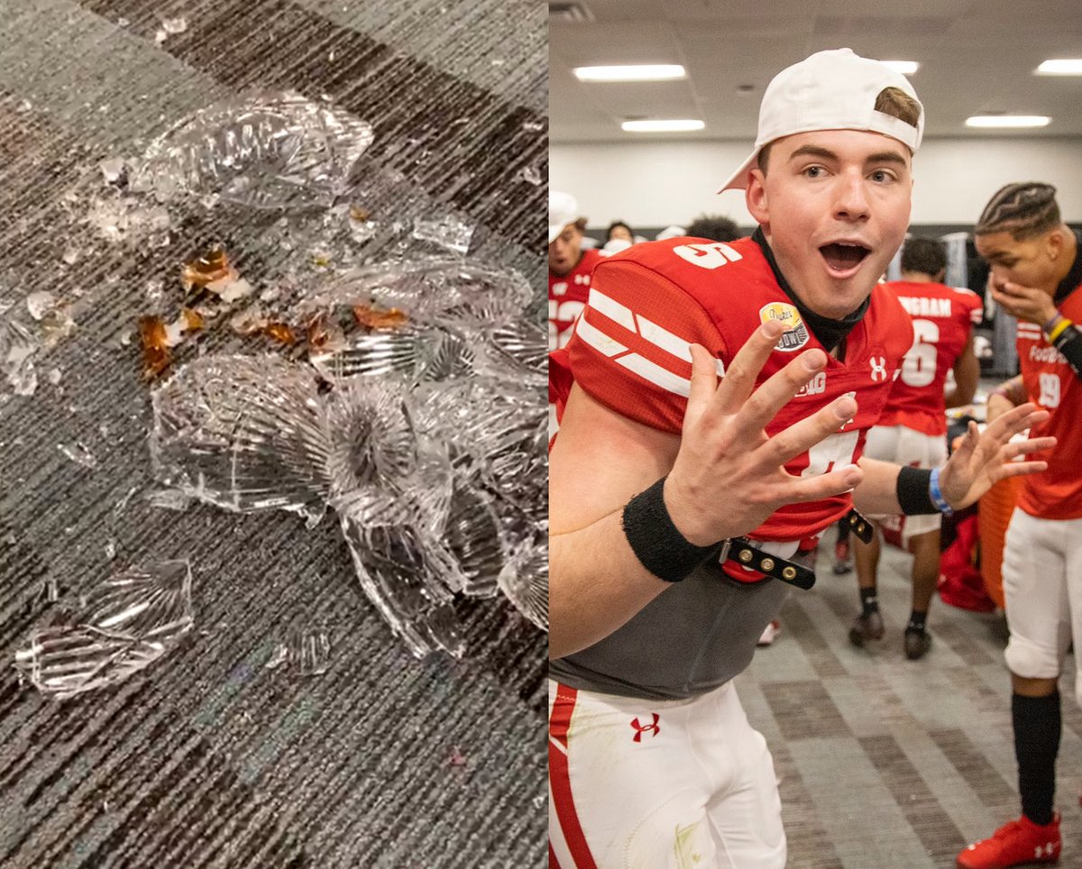 WISCTV_News3's tweet photo. WHOOPS: After the Badgers won the Duke's Mayo Bowl, quarterback Graham Mertz was dancing with the trophy when he dropped the football-shaped piece of Lenox crystal on top and it shattered on the locker room floor (photos courtesy of Wisconsin Football Twitter page). 🤷 https://t.co/0SMmReYlRn