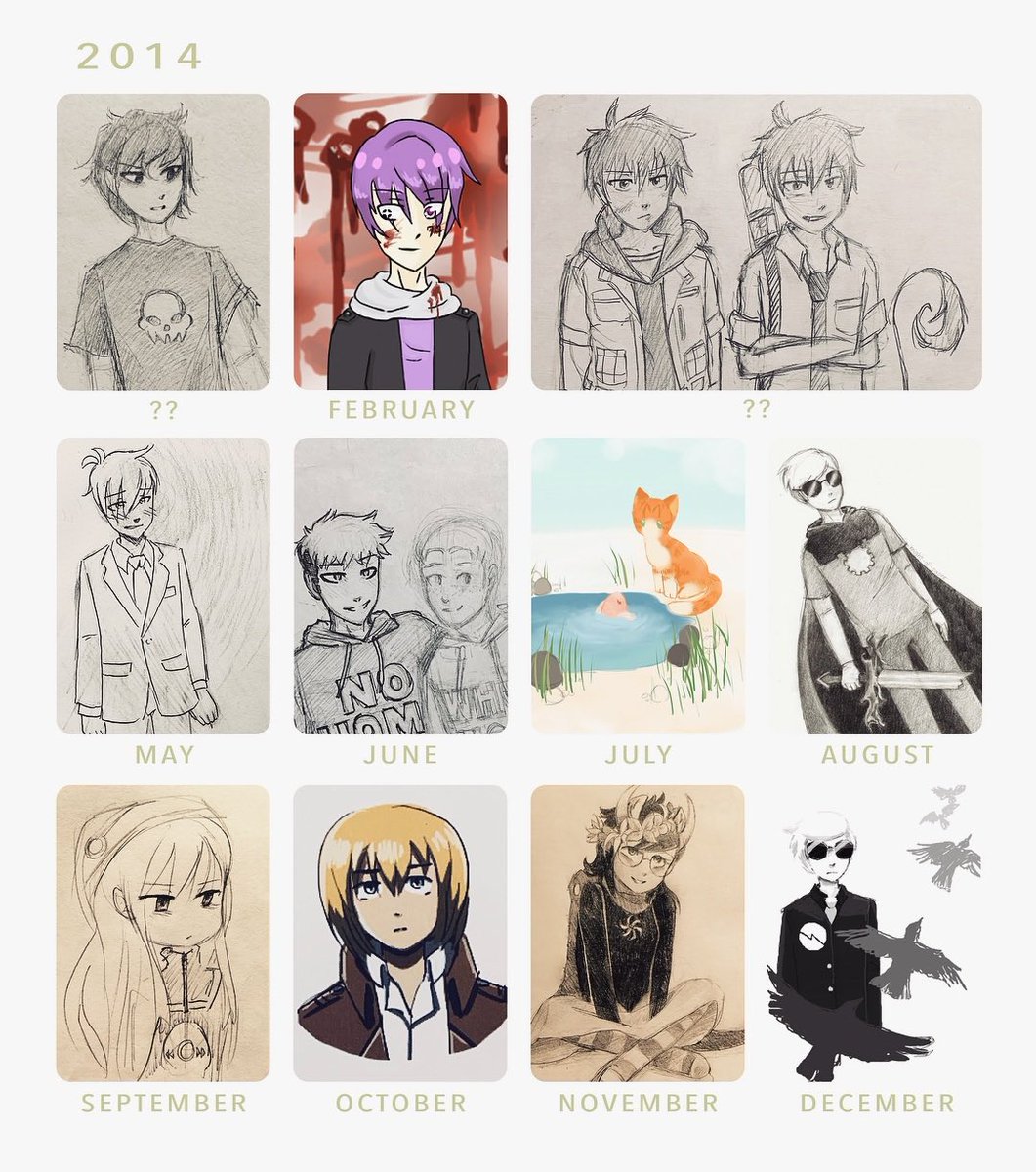 2010 - 2014! poorly drawn cats, the beginning of my interest in anime and homestuck, plus a cameo from my lightning mcqueen fanart (kachow) 