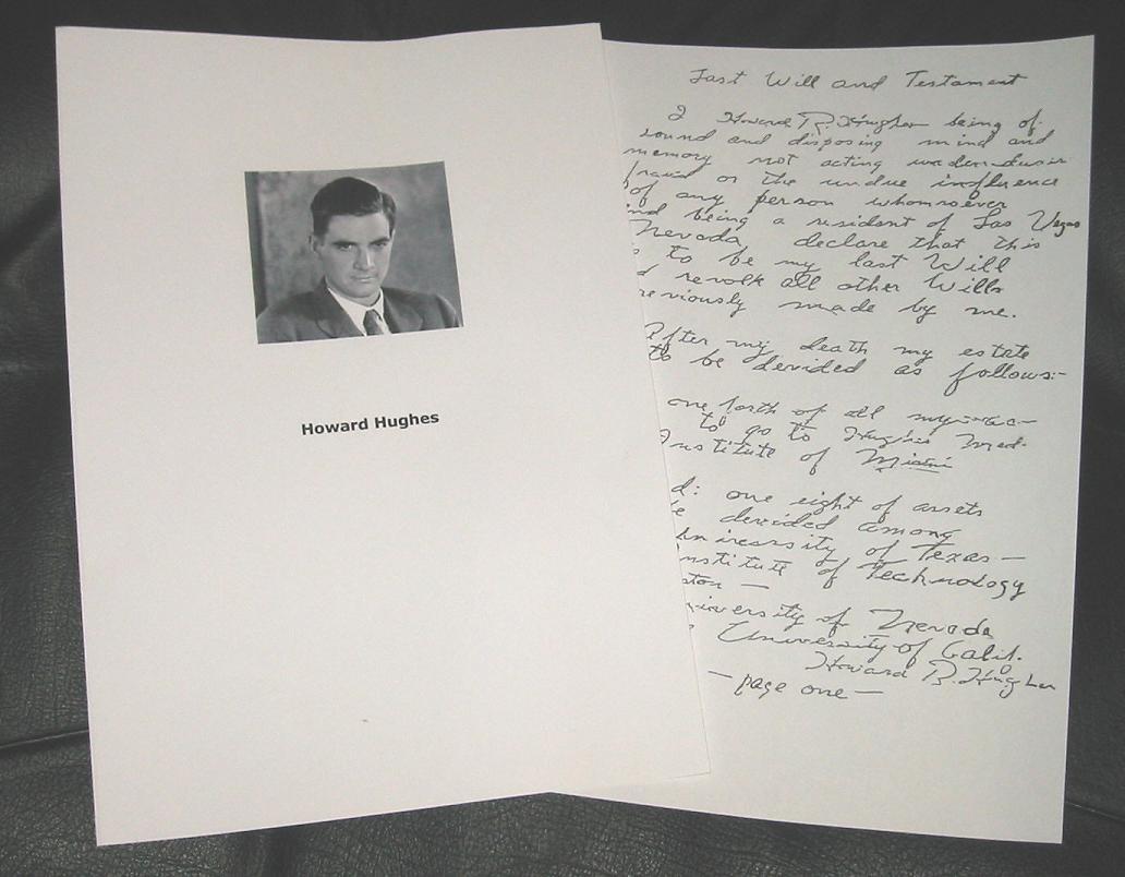 Approximately three weeks after Hughes' death, a handwritten will was found on the desk of an official of The Church of Jesus Christ of Latter-Day Saints in Salt Lake City, Utah.