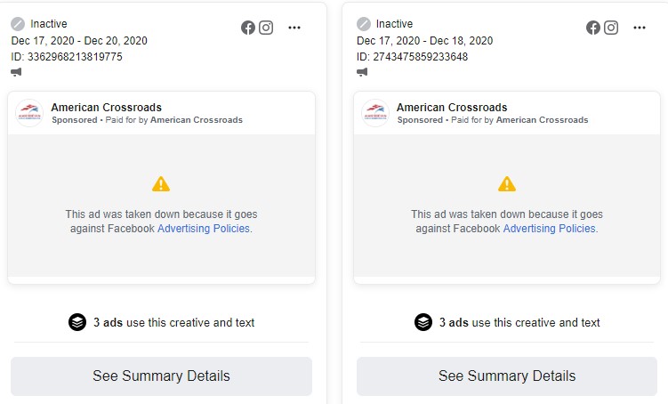 6. Several hours later, Facebook finally removed the ads for violating its policies. That is what they are supposed to do. Under Facebook's rules, politicians and parties can post false political ads but Super PACs cannot.