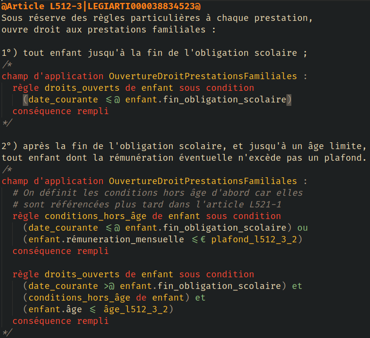 DMerigoux's tweet image. Après avoir écrit 8500 lignes d&apos;OCaml qui constituent le compilateur/interpréteur de Catala,  il est temps de revenir à l&apos;étude de cas originelle : le calcul des allocations familiales.

Ci dessous l&apos;annotation en Catala de l&apos;article L512-3 du Code de la Sécurité Sociale :