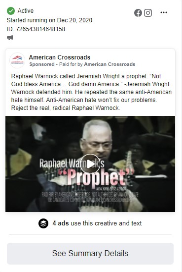 7. But on December 20, American Crossroads just reposted the EXACT SAME AD dishonestly attacking Warnock. AND FACEBOOK APPROVED IT. American Crossroads quickly spent more than 8K on this ad that was previously removed, and reached as many as 250K Georgia voters.
