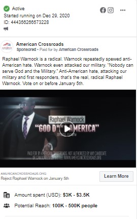 12. Last night, on 12/29, Facebook approved another set of ads from American Crossroads making the same false claims against Warnock. THIS IS THE 4TH TIME THEY'VE POSTED FACEBOOK ADS W/THESE FALSE CLAIMS.According to Facebook these ads could have already reached 1M+ Georgians