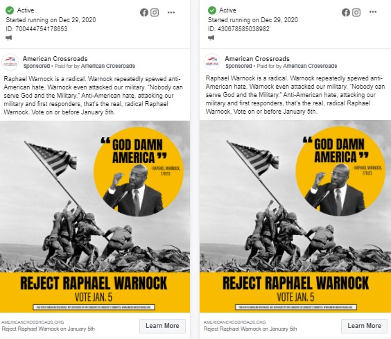 12. Last night, on 12/29, Facebook approved another set of ads from American Crossroads making the same false claims against Warnock. THIS IS THE 4TH TIME THEY'VE POSTED FACEBOOK ADS W/THESE FALSE CLAIMS.According to Facebook these ads could have already reached 1M+ Georgians