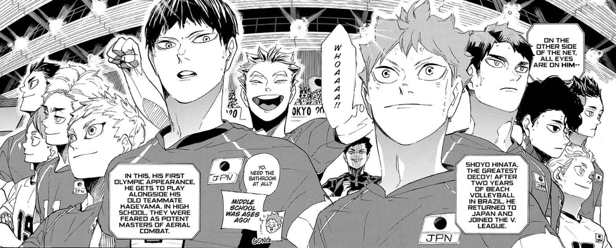 July 20th, 2020Haikyuu Chapter 402 PublicationSakuAtsu revealed to both be on Tokyo Olympic Team and appear in directly opposing spots; Atsumu proud of Sakusa's Oikawa dig (Both original and redrawn panels below)