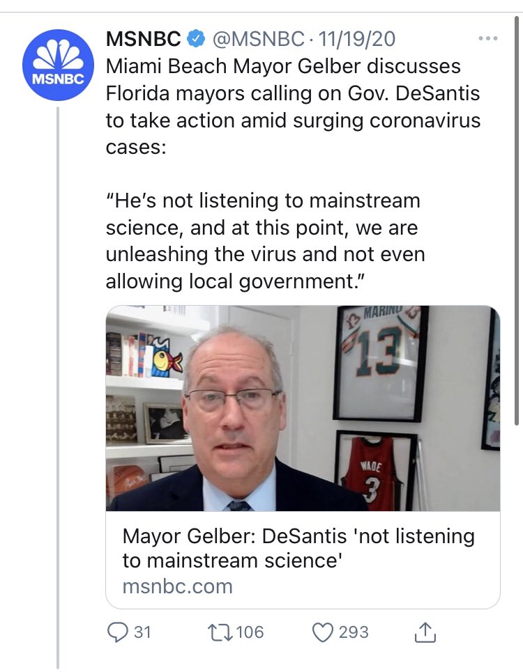 As of today, NY’s deaths per 100k from coronavirus (188) is about double Florida’s (96). Florida and Gov. DeSantis seem to be doing something right in that regard. But you would have no idea that was the case if you spend your days listening/watching/reading  @MSNBC