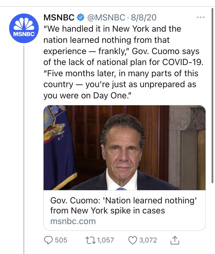 As of today, NY’s deaths per 100k from coronavirus (188) is about double Florida’s (96). Florida and Gov. DeSantis seem to be doing something right in that regard. But you would have no idea that was the case if you spend your days listening/watching/reading  @MSNBC