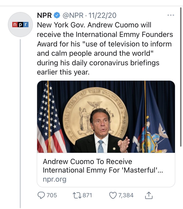 These two from  @NPR also capture the situation perfectly. DeSantis gets fact-checked. Cuomo gets an Emmy.