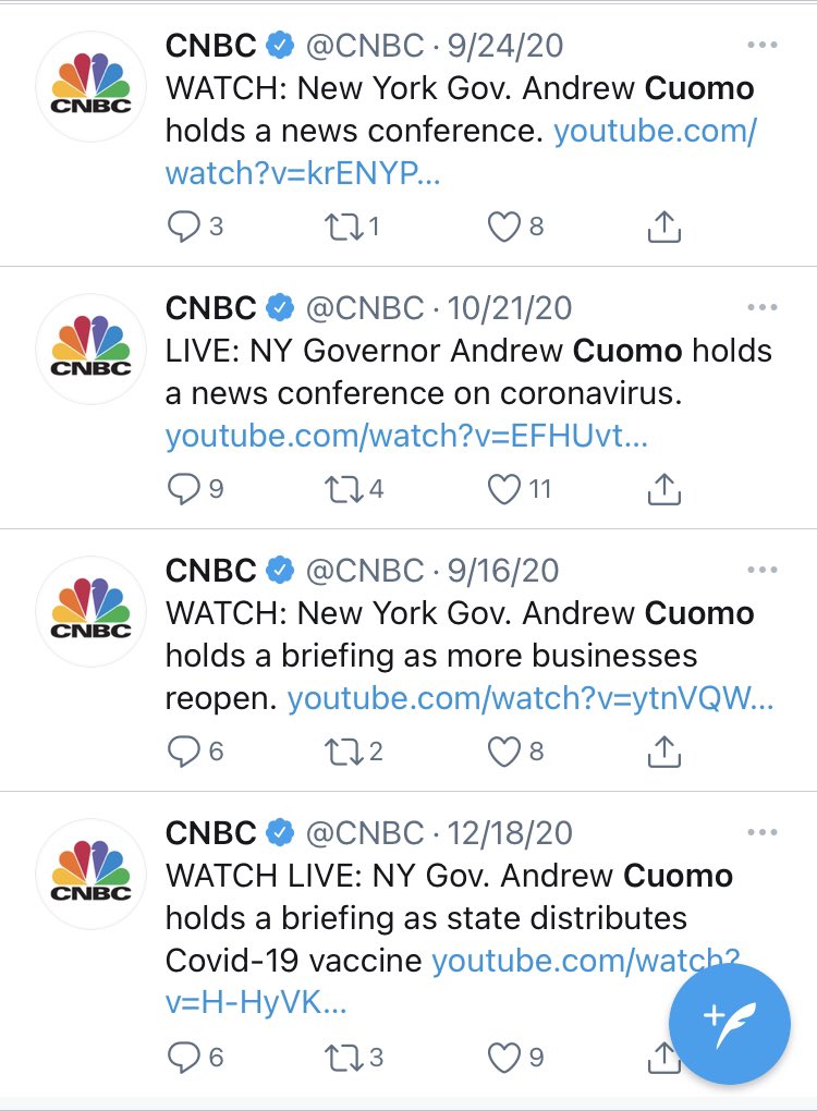  @CNBC found a way to shoehorn in criticism of DeSantis in their reporting of a separate issue. For Cuomo, they’ve got a nonstop feed for his pressers (this was just a small sample of all of the tweets).