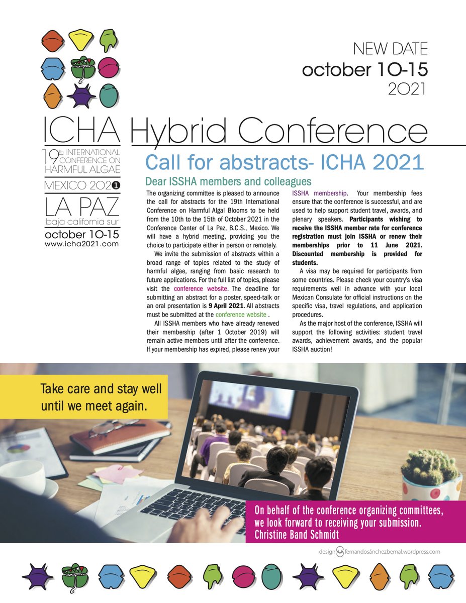 #ICHA21 call for abstracts! The deadline for
submitting an abstract for a poster, speed-talk or
an oral presentation is 9 April 2021. All abstracts
must be submitted via the conference website icha2021.com/Secciones/cont… #HarmfulAlgae #Conference