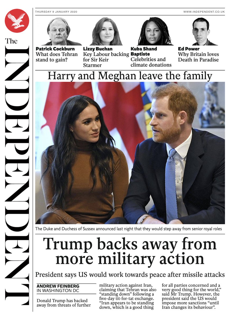 This 1/9 piece on  @realDonaldTrump walking back from escalating tensions with Iran (co-authored with the fantastic  @Beltrew) ended up being my first (and only, to date) appearance on the  @Independent's front page.  https://www.independent.co.uk/news/world/americas/us-politics/iran-sanctions-trump-iraq-missile-attack-us-bases-a9275851.html