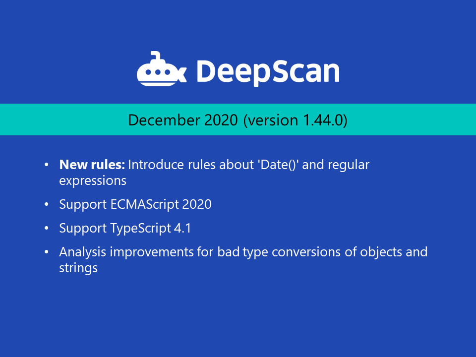 deepscan_io's tweet image. #DeepScan published the last version of #Y2020 including more new rules and better support for #ES2020 and #TypeScript 4.1.
2020 has been a very hard year and here we hope you are staying healthy and safe. Thank you for your love and support!
#Vuejs #Reactjs #JavaScript