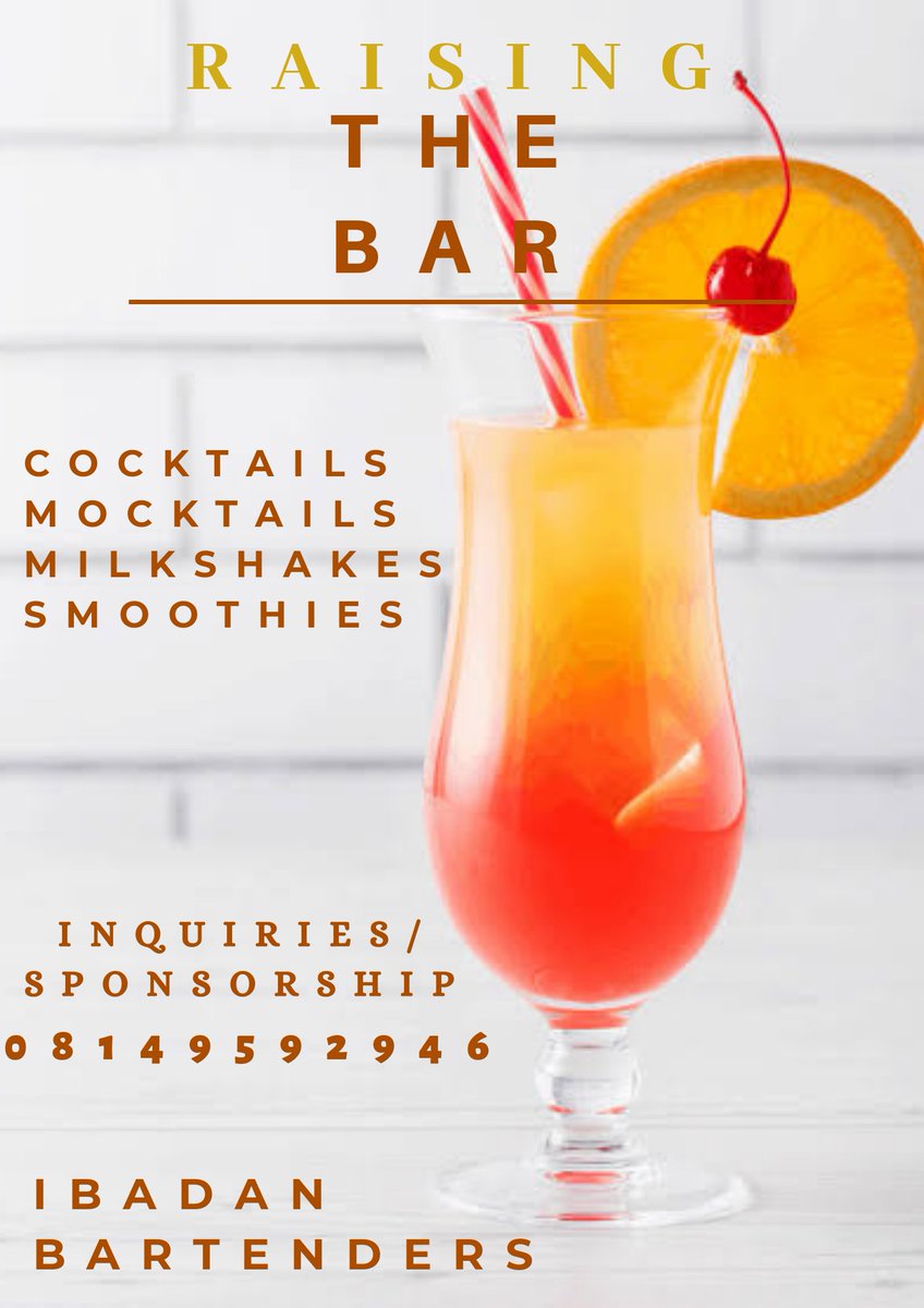 Okikiolatomiwa's tweet image. &apos;Raising the Bar&apos; is a project to train Bartenders in the Art of 

Bartending🍸
Drinks I.Q✅
Cocktails🍹
Mocktails🧃
Milkshakes🥤
Smoothies🍨
Drinks Garnishing🍧

The Training is for Bartenders in Ibadan. And it is FREE! 

chat.whatsapp.com/JSkHsICkdp61ym…