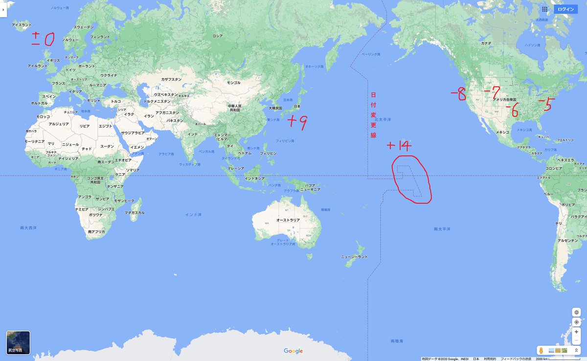 446r 地球上で一番早く新年を迎えるのはキリバスのライン諸島あたり 日付変更線は図のようにまっすぐじゃなくて 14時間の時差がある地域がある ここが最速