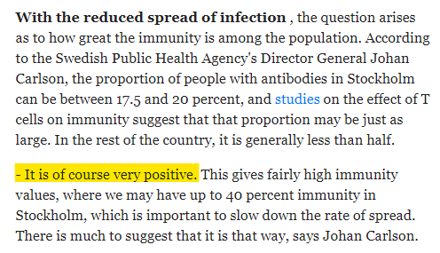 Johan Carlson considered "fairly high immunity" "of course very positive" - note that he is General Director of The Public Health Agency and he considers it very positive that a lot of people have been sick under their watch.  #herdimmunity  https://www.dn.se/nyheter/sverige/fhm-stockholm-kan-ha-40-procents-immunitet/