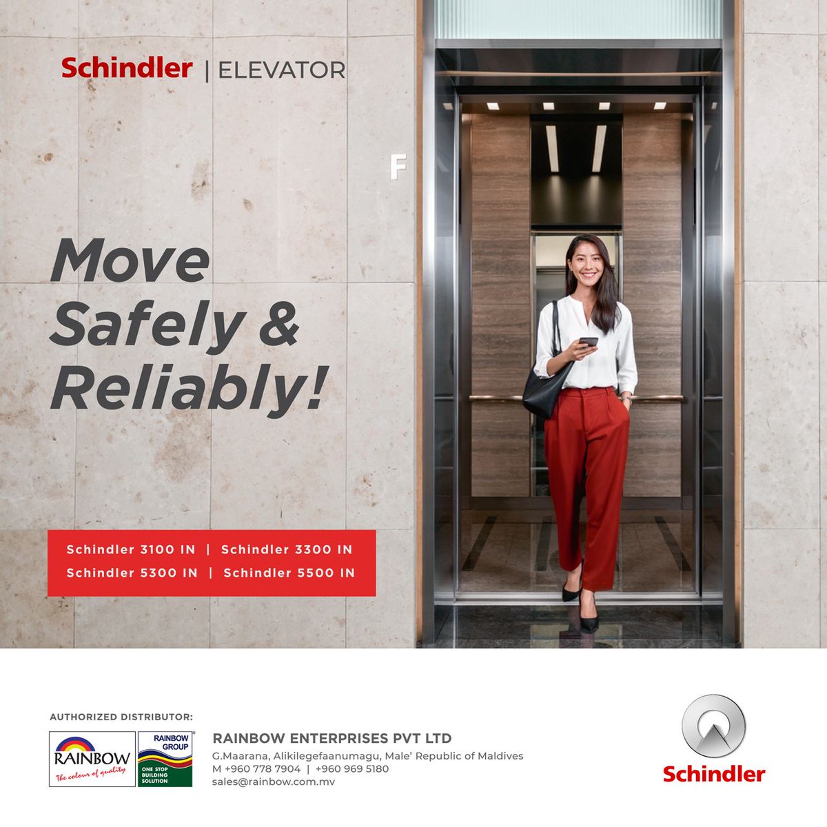 rainbowmv's tweet photo. We are the Authorized Distributor for Schindler in the Maldives. 

For Elevator inquiries or more information, please contact (+960) 9695180, (+960) 7787904 or email us Sales@rainbow.com.mv

Keeping you safe as it elevates! https://t.co/QlG1TA9aDS
