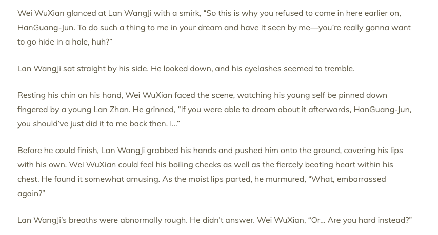 117+. it's so funny when wwx thinks lwj is Just Embarrassed, but actually lwj is just going into rut and is about to die from lack of blood rush to the head. and then you have young master lan who has let go so much that he's fucking yunmeng's first disciple raw in the library