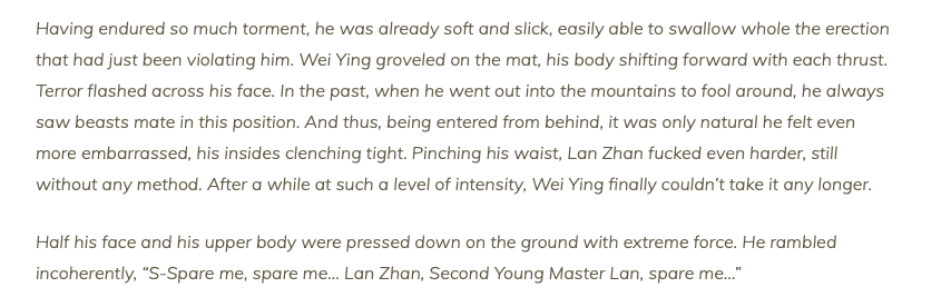 117+. it's so funny when wwx thinks lwj is Just Embarrassed, but actually lwj is just going into rut and is about to die from lack of blood rush to the head. and then you have young master lan who has let go so much that he's fucking yunmeng's first disciple raw in the library