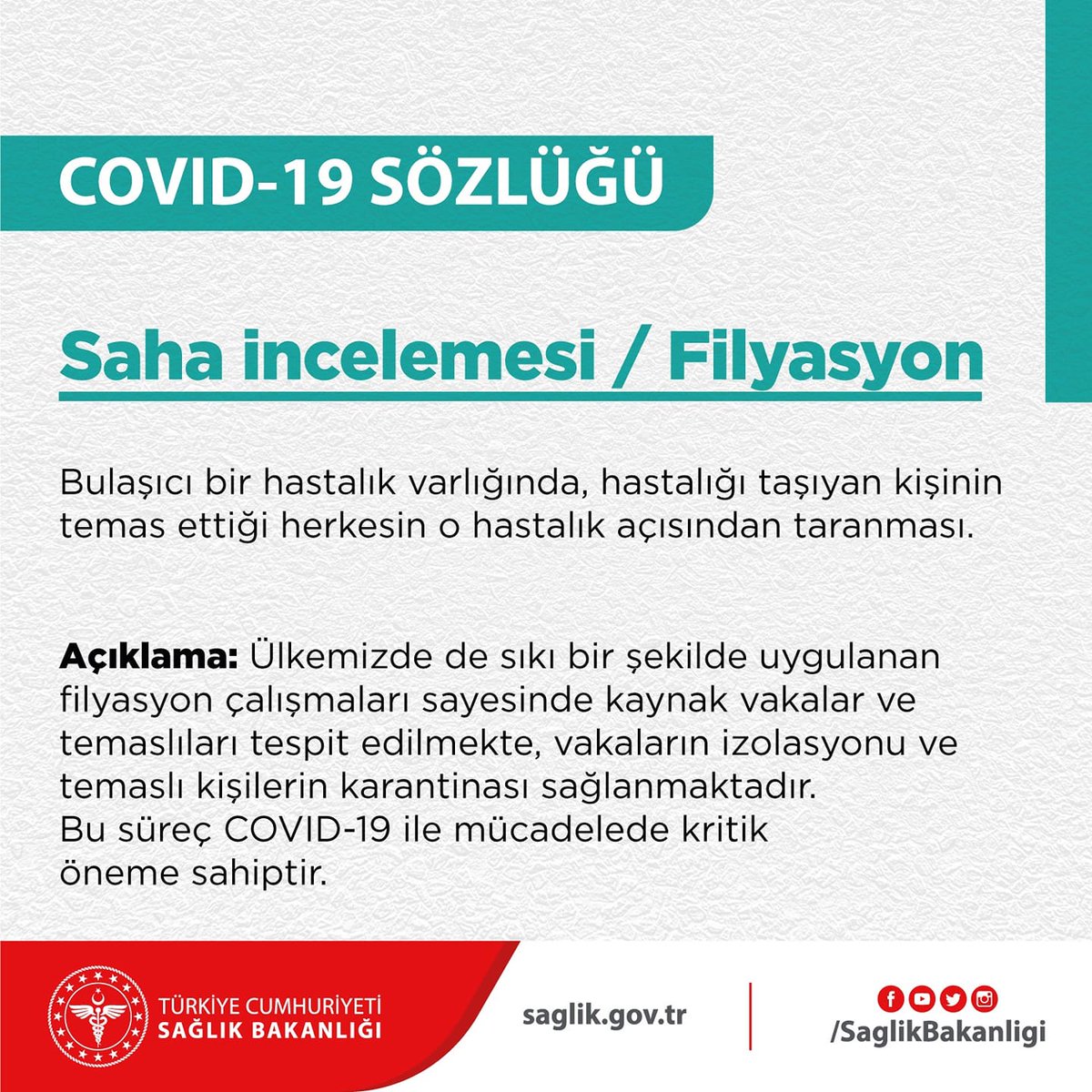 Saha incelemesi / Filyasyon nedir?

#COVID19Sözlüğü’ne covid19.saglik.gov.tr/TR-66394/covid… linkinden ulaşabilirsiniz.