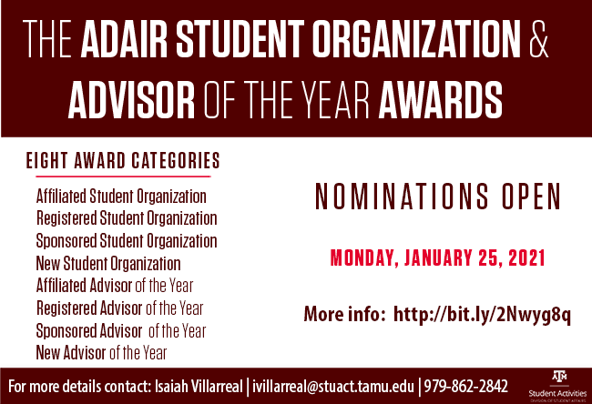 tamustuact's tweet photo. Nominations for The Adair Award begins in 48 hours! To learn more about The Adair Award--> https://t.co/lAAwOqRML2  #AgsInvolved https://t.co/3c6iXSCvJ4