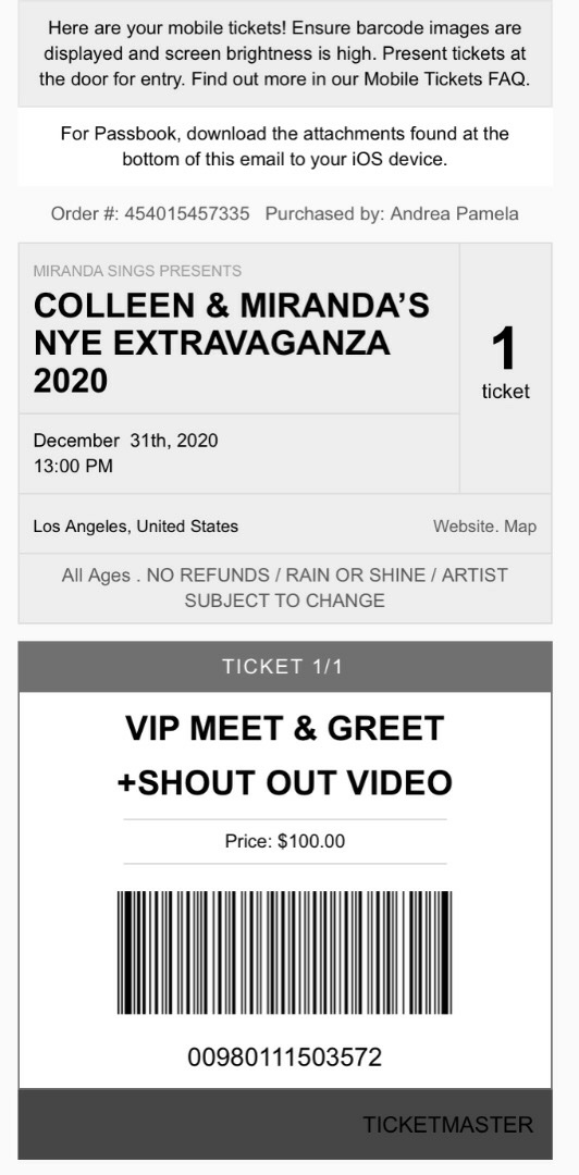 @ColleenB123 you have a scammer on Instagram. I fell for her bs and gave her $50 only to get a VIP ticket from Ticketmaster that was invalid. I am super disappointed in myself, but also angry that she’s targeting your fans in this way. #mirandasings #newyearseveextravaganza