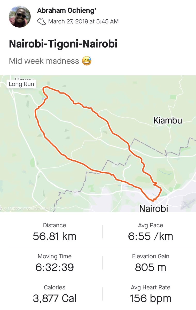 Title: Nairobi - Tigoni - NairobiDate: March 27, 2019Distance: 56.81 km #Ultrarunning  #Ultramarathon