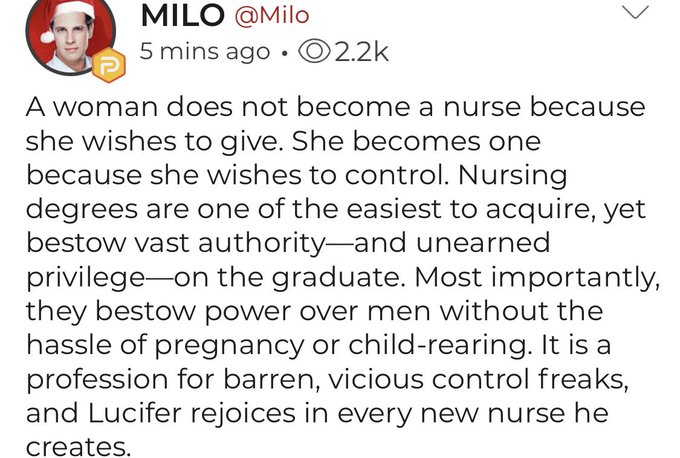 PragmaticEbooks's tweet photo. Milo Candace and others like them are shit throwers. They throw these little bombs out there to stir up outrage and sometimes chaos. Milo knows the trigger to pull in this time and that is nurse when they are risking life and limb against covid. He's a contemptible waste of skin https://t.co/Es3WoW5Uvs