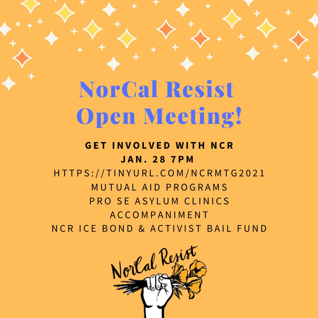 Our Open Mtg is coming up on January 28, 7pm. Be there at tinyurl.com/NCRMTG2021 
Get involved in our mutual aid, pro se asylum, accompaniment, bond/bail fund, deportation defense & more

#sacramento #abolishICE #endpretrialdetention #MutualAid
