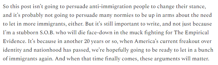 10/Anyway, don't expect this evidence -- or ANY evidence -- to persuade the anti-immigration people. Their belief that immigration is bad is not an empirical belief, but an article of faith. But someday this post may matter.