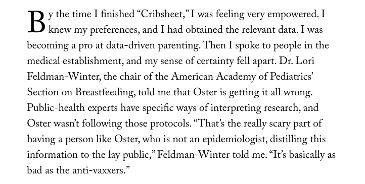 Oster routinely wades into debates of life and death seriousness. With tremendous hubris & overconfidence. She is dismissive and overstates her findings. And it is a trend in her career. Does it not alarm you that folks in AAP have compared her approach to that of anti-vaxxers?
