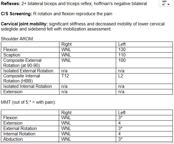 Below are her objective at the end of her eval. Cervical mobs, shoulder AAROM, side lying serratus work increased AROM quite a bit. Notice pic of her rested prone. (2/?)