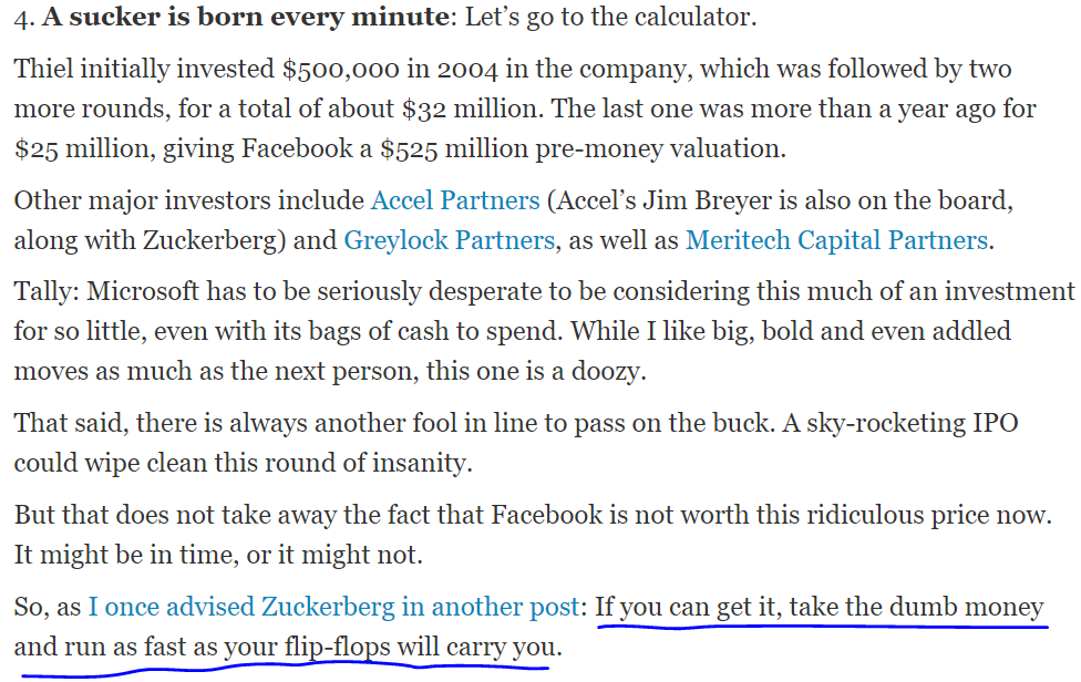 8/ Now let's talk about a more recent one: Social Media.When  $MSFT bought 1.6% position in  $FB in 2007 at $15 Bn valuation, Kara Swisher could not hide her laugh. Take a moment to read this one.
