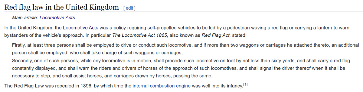 6/ UK had this regulation called "Redflag laws". Just read some sections of these laws (from wikipedia).But what Pennsylvania enacted *unanimously* is probably the funniest one.