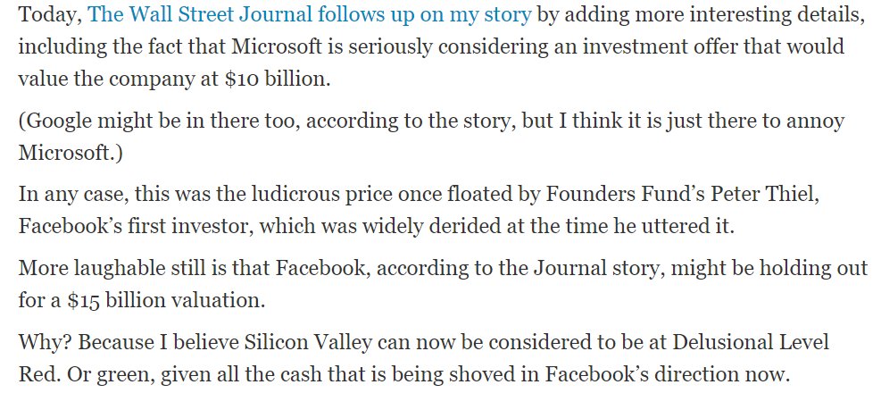 8/ Now let's talk about a more recent one: Social Media.When  $MSFT bought 1.6% position in  $FB in 2007 at $15 Bn valuation, Kara Swisher could not hide her laugh. Take a moment to read this one.