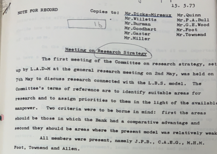 Recruits of new ‘Economic Division’ were however not quite sure that they were doing 'research' they felt understaffed, undertrained, merely offering “artistic” estimation procedures1980s were spent refining behavioral equation, transmission channels, estimation techniques