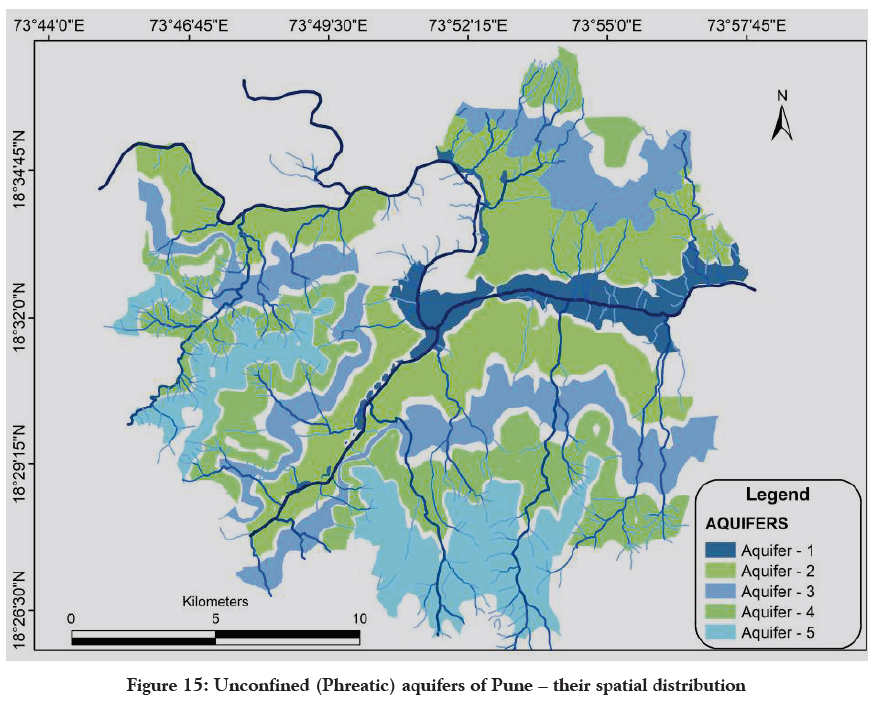 A generalized aquifer map was prepared by ACWADAM shows the 5 aquifer layers that are exposed/unconfined.Aquifer 5 has the highest elevation and has all other aquifers underneath. Layers are generally 5-10 meters thick.As shown in first pic, water moves towards the rivers.